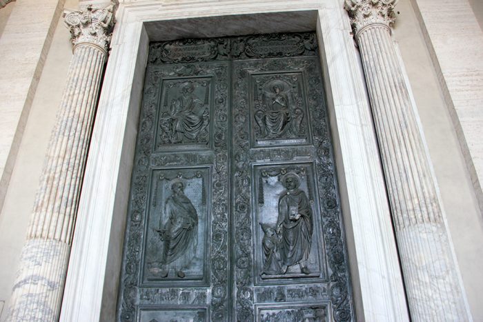 Bronze Main Portal In St. Peters Basilica At The Vatican In Italy