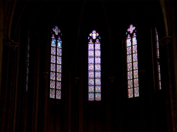An Interior View Of Stained Glass Windows Inside Aix Cathedral In Aix-en-Provence In Southern France