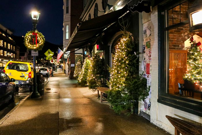 Main Street At Night In Camden Maine During The Holidays